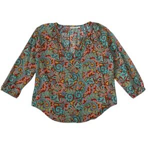 Roller Rabbit Multicolor Floral Paisley Cotton Long Sleeve‎ Popover Blouse SZ M